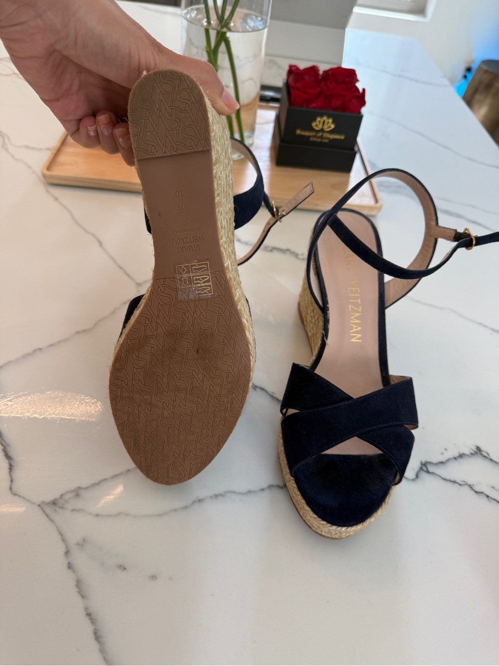 Stuart Weitzman Navy Suede Espadrille Wedge Sandals with Ankle Strap - Picture 3 of 5